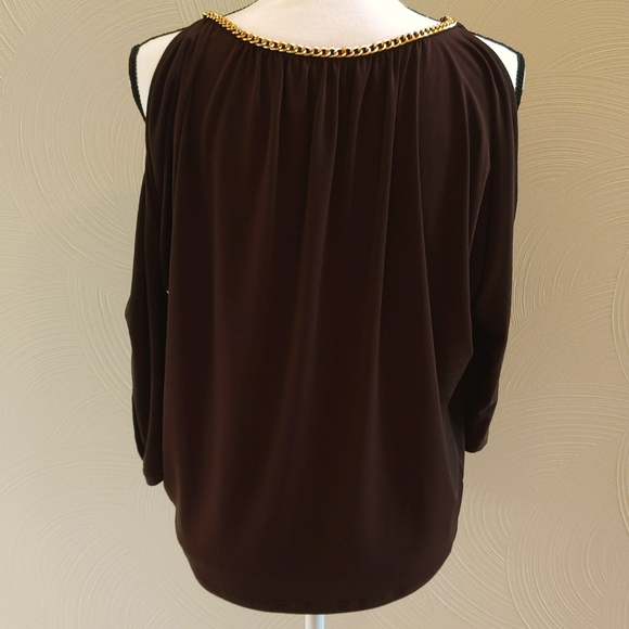 Micheal Kors Brown Cold Shoulder Blouse with Gold Chain Neckline - Picture 2 of 5